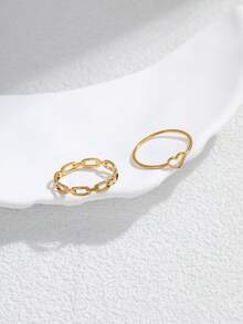 2pcs Stainless Steel Women's Golden Hollow Heart & Rectangle Ring Set, Fashionable Minimalist Design, Suitable For Daily Wear Or Gift - Yellow Gold - View 3