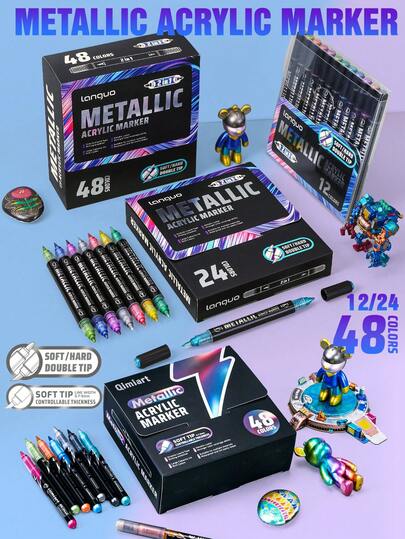 12/24/48色金属马克笔，毛笔头和软/硬笔头可选 - 适用于岩石绘画、画布、木材、玻璃、金属、石头和陶瓷等DIY工艺品和文具