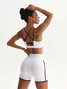 2pcs Women Solid Color Crisscross Cami Bra And High Waist Shorts Set, Casual Sports Fitness Outfit - Black and White - View 2