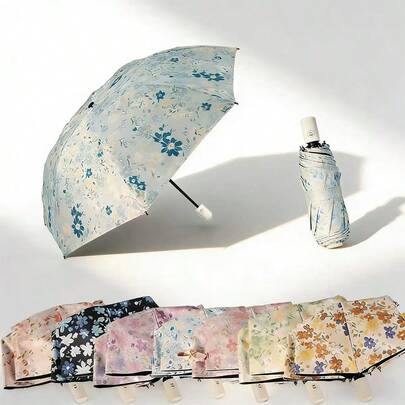 自动浪漫花田黑色乙烯基防紫外线伞，适合户外旅行摄影，便携式折叠伞