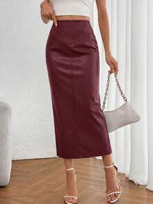 Women's New Fall Faux Leather Maxi Skirt, High Waist, Elegant Casual Pencil Maxi Skirt Slit Design New Years Valentine Vacation Skirt - 酒紅色 - 查看 5