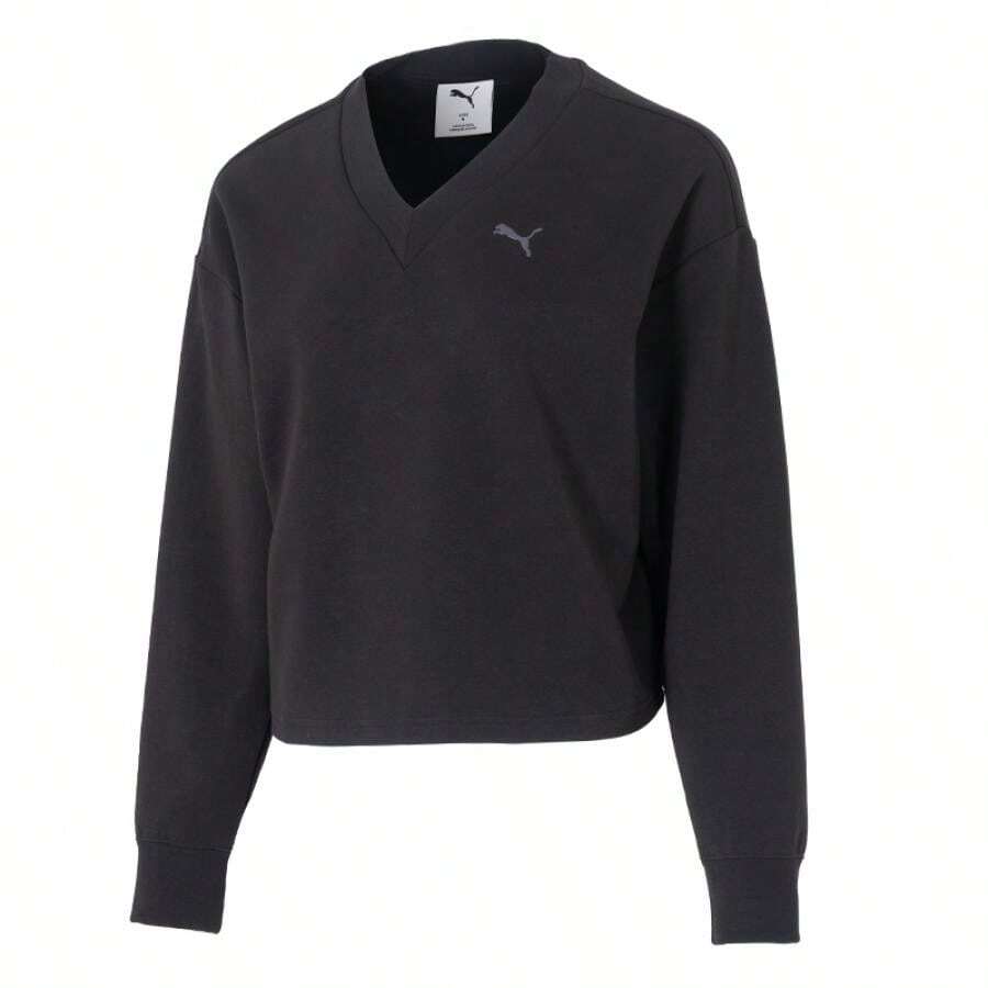 Puma Women's Sweatshirt/Pullover, Soft Sweatshirt, ESS-ELEVATED-Comfort-V-Neck-Crew-DK, Lightweight & Comfortable For Daily, Outdoor, Sports, Casual Wear 694093-01 - Black - View 1