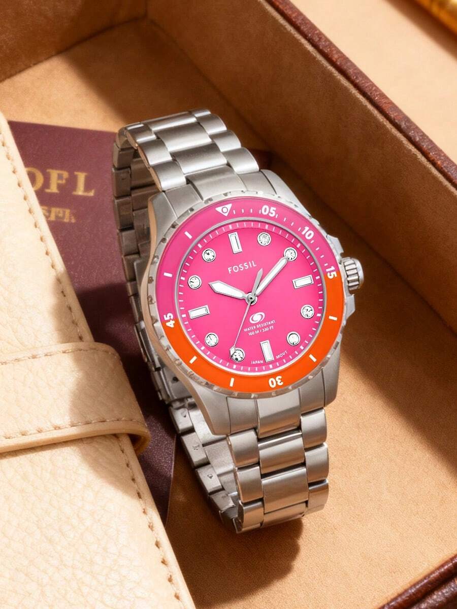 Daily Wearing Of FOSSIL Women's Stainless Steel Three-Hand Watch With Pink Dial And 100M Water Resistance - Pink - View 1