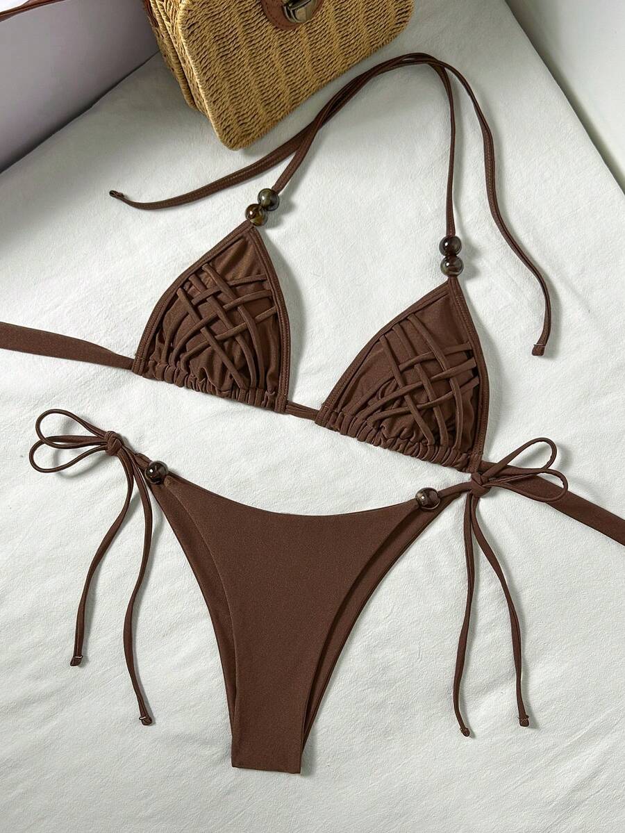 Bikinx 女士性感露背串珠交叉比基尼套装，侧边系带泳裤，高弹面料 - 鏽棕色 - 查看 1