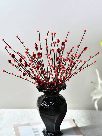 1支红色仿珍珠梅花仿真花枝，无需养护。人造植物花束适用于节日聚会、礼品赠送、婚礼、家居装饰。