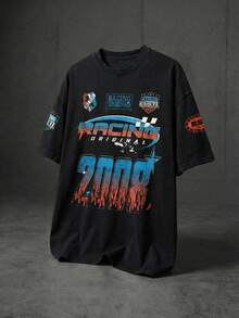 男士赛车主题字母标语 2008 火焰印花 T 恤，休闲街头时尚 Y2K 复古渐变黑，夏季 - 黑色 - 查看 3