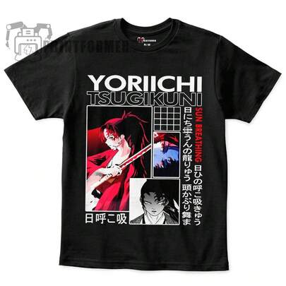 Fashionable Short-Sleeve T-Shirt For Women, Yoriichi Tsugikuni Sun Breathing The main image features a black T-shirt with a striking graphic design centered on the front. The design highlights Yoriichi Tsugikuni, a prominent character from the anime series . The left side shows a dynamic portrait of Yoriichi wearing a red cloak and holding a sword in a powerful pose. The right side displays a smaller panel depicting a dragon-like creature and another panel with a close-up of Yoriichi's face. Below the name Yoriichi Tsugikuni is written in bold white letters alongside Japanese text that translates to Sun Breathing and other related phrases. The overall layout mimics a manga style with grid lines and dramatic imagery. The colors are primarily red, white, and black, creating a strong visual contrast that emphasizes the theme of the Sun Breathing technique. 1PC ,Cute and trendy printed tee for  Mens and Women, made with skin-friendly fabric, ,Breathable and sweat-absorbent  Unisex'