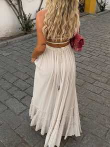 Look-Polly 女士夏季连衣裙，吊带露背修身长裙，荷叶边下摆，无袖性感连衣裙，适合海滩、度假、派对等场合，优雅迷人。 - 杏色 - 查看 1