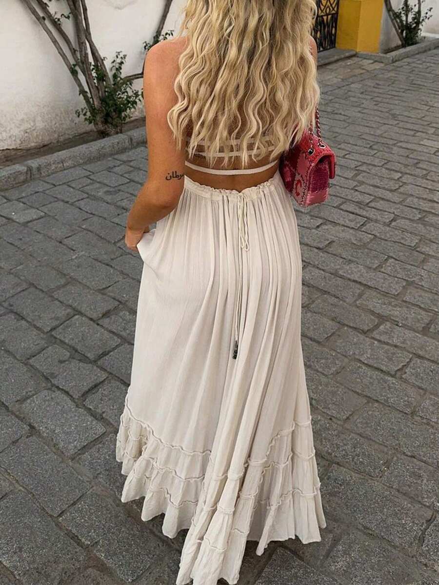 Look-Polly 女士夏季连衣裙，吊带露背修身长裙，荷叶边下摆，无袖性感连衣裙，适合海滩、度假、派对等场合，优雅迷人。 - 杏色 - 查看 1