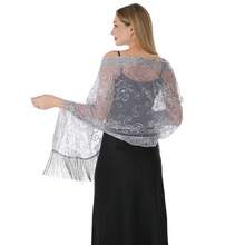 Abito da sera elegante con paillettes, scialle di colore unito in rete con nappe, mantella da sposa per feste, scialle da donna - Multicolore - Visualizzare 19