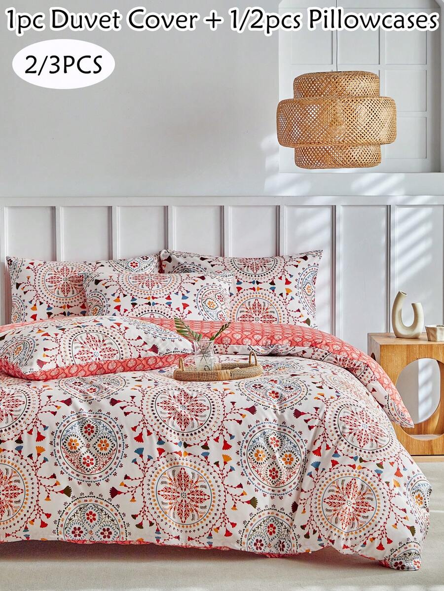Bộ ga trải giường 2/3 món họa tiết retro màu đỏ, chất liệu polyester, phong cách Bohemian, phù hợp cho mọi mùa, mềm mại và thoáng khí, có thể giặt máy, trang trí phòng ngủ, món quà tuyệt vời (1 ga trải giường + 1/2 vỏ gối, không kèm ruột gối) - Nhiều màu - Xem 1