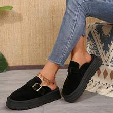 Women Low Heel Slip On Loafer Shoes Flat Round Toe Wedge Buckle Soft Bottom - 黑色 - 查看 5