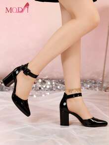 Zapatos de tacón alto negros para mujer con detalle de hebilla y punta, diseño de tacón alto.  Zapatos de tacón alto de mujer con punta afilada en corte en V, versátiles y sencillos, ideales para el trabajo, citas, fiestas, Halloween, Navidad, Año Nuevo y San Valentín, color negro Zapatos de tacón monocromáticos, simples y elegantes, hechos negro brillante, con tacón, adecuados para ocasiones profesionales y formales, apropiados para mujeres, modernos y adorables, cómodos y prácticos, ideales para oficina, reuniones o uso en el hogar. - Negro - Ver 8