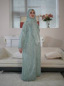 New Comfortable Breathable Fashion Printed Loose Prayer Robe With Attached Scarf Dress Vacation Spring - Mint Green - View 5
