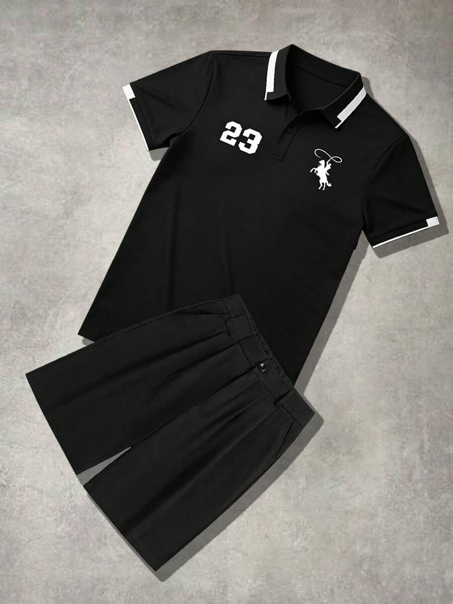 男士夏季POLO衫套装，休闲T恤上衣和时尚及膝短裤 - 黑色 - 查看 1