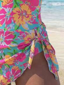 Women's Cute Ditsy Floral One-Piece Swimsuit, Spaghetti Strap High Waist Design, Medium Stretch Vacation Beach - Multicolor - View 5