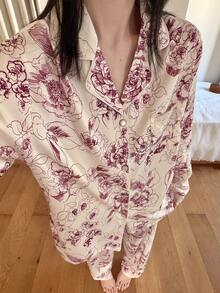 两件套蕾丝边撞色长袖长裤睡衣套装，碎花休闲家居服，四季皆宜 - 紅色 - 查看 5
