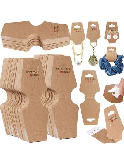100张手链耳环展示卡，手工耳环贴纸，适用于项链、手链、钥匙扣、耳环、发带等饰品，可用于收纳和展示，是圣诞节和情人节的理想礼物 - 可折叠空白牛皮纸卡片，项链手链发带饰品展示卡，价格标签