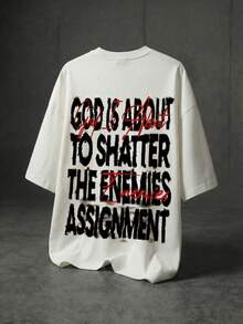 男士夏季宗教风格图案T恤，印有“击败敌人”任务标语，街头时尚 - 白色 - 查看 3