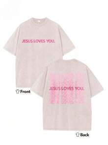 Summer Tops2026Heavyweight Washed T-Shirt - Jesus Loves You Religious Graphic T-Shirt, Pink-Green Background With Pink Letter Double-Sided Print - Christian Attire, Crew Neck Top, Suitable For Church, Casual Wear, Or As A Giftsummer Clothes - Màu be - Xem 5