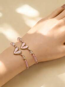 This Multi-Piece Heart-Shaped Bracelet Set Features Handwoven Rope And Heart-Shaped Pendants, Making It The Perfect Choice For A Women's Bracelet Set. It Is Ideal For Gifting On Occasions Like Mother's Day, Father's Day, Valentine's Day, Thanksgiving, Etc. Available In Red, Pink, Blue, Black, Purple, And White Colors. - Love - View 7