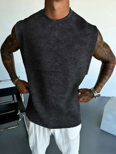  Krometka Men's Casual Solid Color Washed Tank Top, Versatile For Summer
