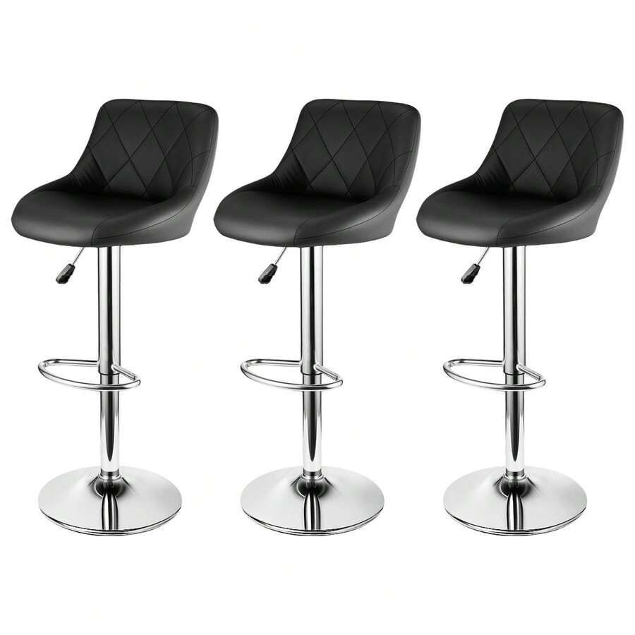 Set Of 3 Modern Bar Stools | Leatherette Adjustable Swivel Gas Lift Breakfast Chairs For Kitchen Island, Counter & Home - Black - View 1