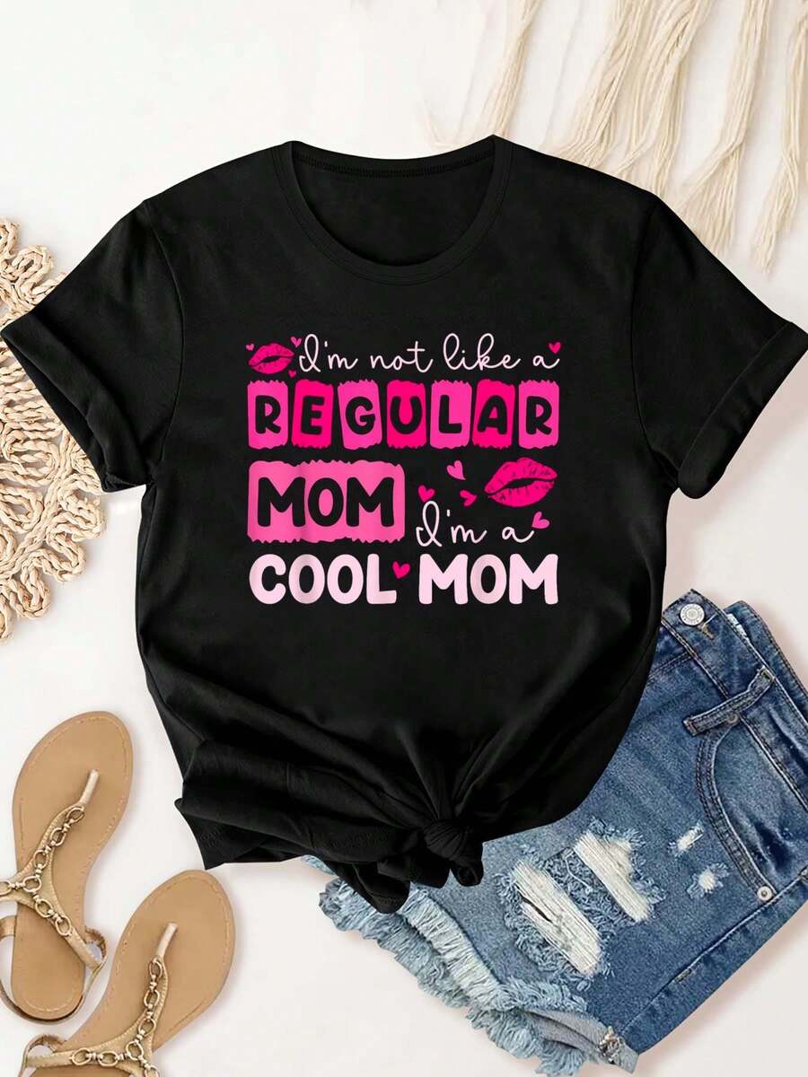 playeras de algodón mujer, Camiseta del Día de la Madre "No soy una mamá normal, soy una mamá genial" conjuntos de mujer tops - Negro - Ver 1
