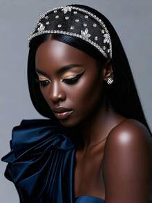 1pc Shiny Crystal Flower Wide Headband, Fashionable Baroque Style Mesh Hollow Minimalist Headband, Suitable For Bride, Wedding, Festival, Carnival Party, Daily Casual Wear - Multicolor - View 6