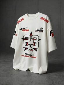 Men's Racing Speed Letter Slogan 23 Graphic T-Shirt, Casual Street Wear, Brave Life Needs Passion, Shoulder Print, White - White - View 3