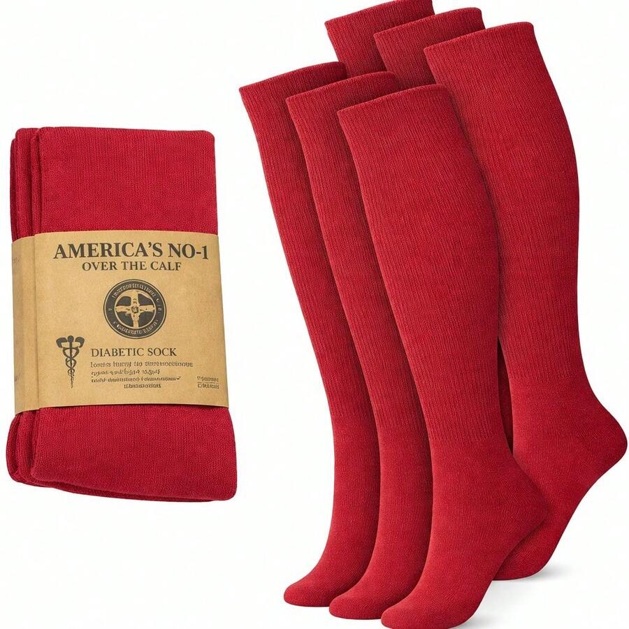 Mens Diabetic Over The Calf Socks Knee Premium Cotton High Socks - Red - View 1