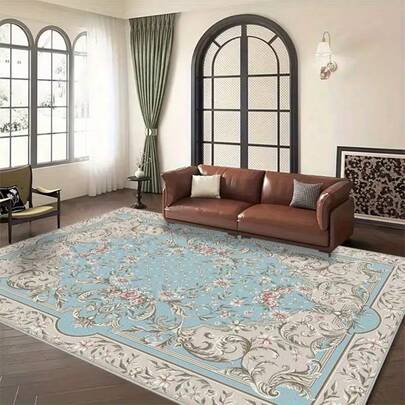 1pc European Retro Floral Living Room Rug, Light Blue Base Household Large Mat, Faux Wool Material, Decorative Carpet, Bedroom Decor, Small Rug, Carpet, Home Decor, Living Room Rug, Living Room Small Rug, Bedroom Rug, Living Room Home Decor, Outdoor Rug, Washable Carpet