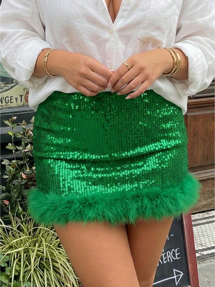 Women Mini Skirt Fashion High Waist Sequin Decor Going Out Short Skirts For Daily Party Club - 綠色 - 查看 1