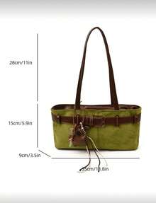 1pc Low Tea Solid Color Suede Fabric Shoulder Bag, Women's Retro Fashion Square Shoulder Bag With Top Double Handles, Zipper Closure, Suitable For Travel, Shopping, Dating, Women's Gift, Great For Commuting, Outdoor, Travel, Hiking , Green - màu xanh lá - Xem 2