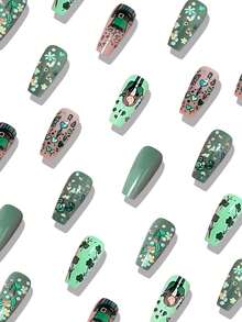 24pcs Ballet Press On Fake Nails Green Medium Nail Creative Green Shamrock Clover Fake Nails St. Patrick's Day Nails - Multicolor - View 2