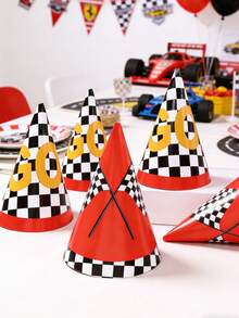 6顶赛车主题生日派对帽，“Let's Go Racing”纸质派对帽，适合赛车主题生日派对装饰，赛车旗图案派对锥形帽，赛车主题男孩生日派对装饰，性别揭晓派对用品，赛车运动主题生日派对装饰，赛车主题生日拍照道具，赛车主题生日派对小礼物 - 賽車主題 - 查看 2