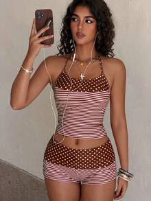 Women's Summer Beach Polka Dot & Striped Print Halter Tankini Swimwear Set Vacation - Reddish-brown - View 3