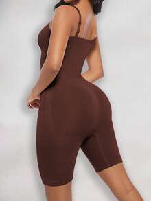 女士无缝塑身连体衣，细肩带设计，收腹提胸提臀 - 棕色 - 查看 4
