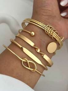 1 Set 12pcs Fashion Minimalist Elegant Exquisite Vintage Design Multi-Layer Stackable Old Money Style Geometric Ribbon Heart Face Embossed Texture Twisted Bead Cross Braided Disc Smooth Minimalist Plain Metal Bangle Bracelet Set For Holiday Vacation Party Date Gift Daily Commute Wear (Randomly Shipped) - Yellow Gold - View 4