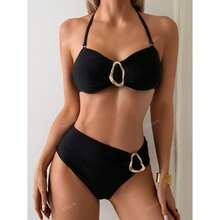 Black BikiniWomen's Halter Triangle, High Waist Two Piece Bathing Suit; Adjustable Tie Bikini With Gold Accent - XL - 多色551 - 查看 1