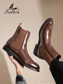 Salkin Vintage Designer Men's Chelsea Boots, Pull-On Style, Pointed Toe Design, Luxury Mid-Calf Ankle Boots, Men's Soft Genuine Leather Boots, Gentleman Business Formal Shoes, Casual Office Party Shoes, Couple's Romantic Dinner Date Gift, Back To School Student Shoes, Collegiate Style, Suggest Sizing Up One Size - Brown - View 4