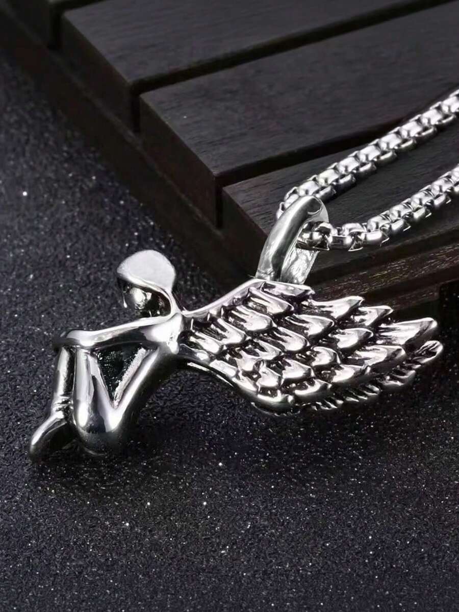 Collar con colgante de aleación de alas de ángel llorando de estilo gótico unisex - Plateado - Ver 1