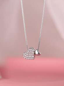 1件S925纯银极简心形吊坠项链，精致清新优雅双心锁骨链，优雅日常佩戴首饰礼品 - 愛心 - 查看 2