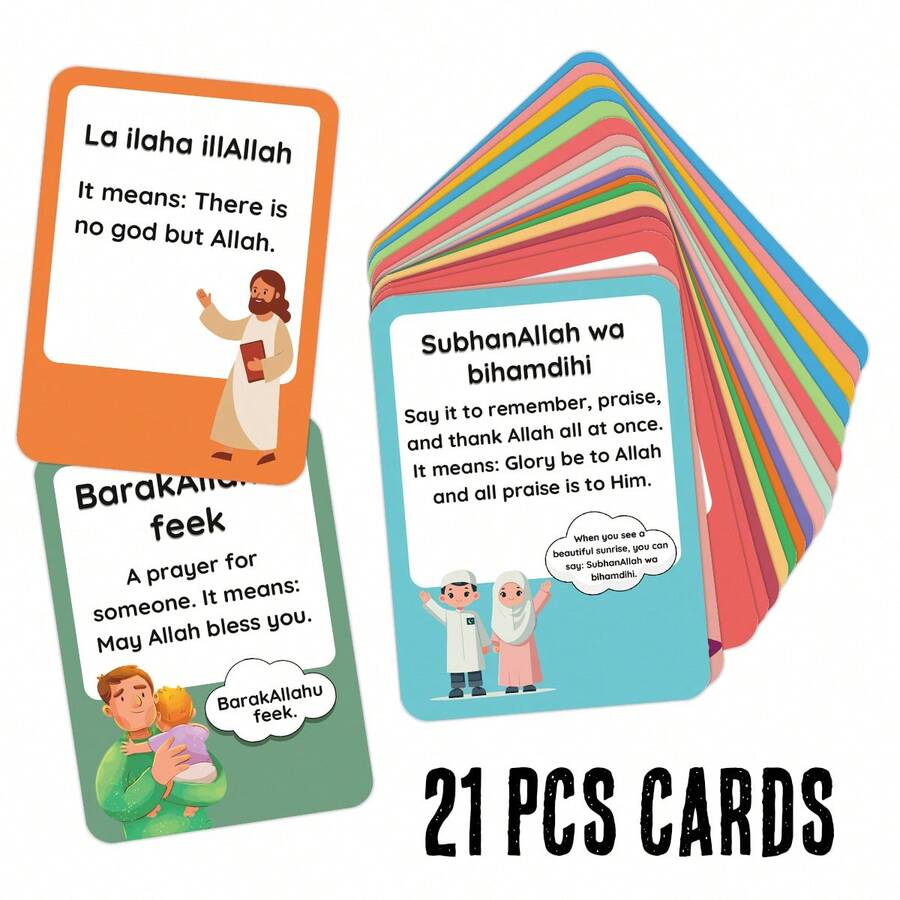 21pcs Islamic Phrases Learning Cards, Educational Muslim Phrases Flash Cards With Arabic Dua, Daily Prayers & Greetings - Ideal Ramadan Eid Gift For Islamic Homeschooling & Learning - Multicolor - View 1