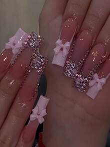 24pcs Nails Press On Pink&Purple False Nails Bling Flash Fake Nails Long Square Shape Nails Art Press On Nails Manicure Set Includes 1sheet Adhesive Tabs & 1pc Mini File Perfect For Everyday Wvear - Multicolor - View 1