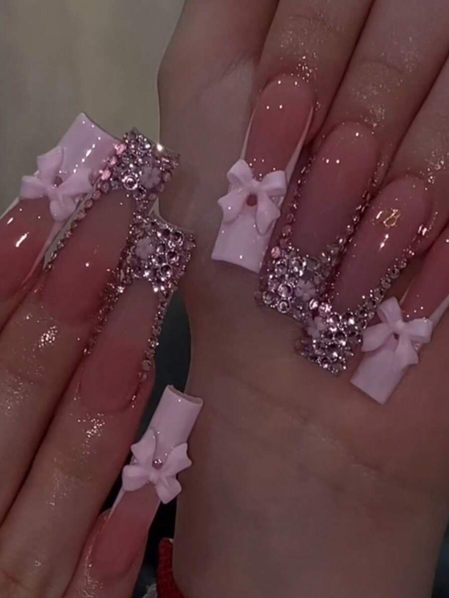 24pcs Nails Press On Pink&Purple False Nails Bling Flash Fake Nails Long Square Shape Nails Art Press On Nails Manicure Set Includes 1sheet Adhesive Tabs & 1pc Mini File Perfect For Everyday Wvear - Multicolor - View 1