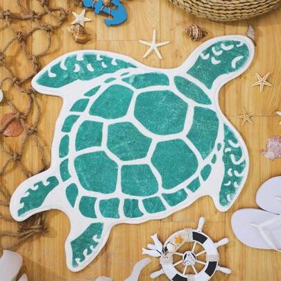 1pc Turtle Carpet, Summer Ocean Style Home Decor Rug, Suitable For Bathroom, Living Room, Bedroom, Entrance, Tropical Ocean Theme Design With Green Turtle, Starfish And Shell Patterns, (Irregular Size May Have 1-3cm Deviation, No Impact On Appearance), Soft Texture, Decorative Carpet, Bedroom Decor, Small Rug, Carpet, Home Decor, Living Room Rug, Bedroom Rug