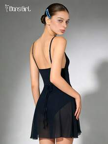 Leotardo de mujer de gasa de DonsGirl, diseño ajustable con cordón, unicolor, adecuado para actuaciones y baile - Azul Marino - Ver 11