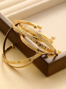 1 Set 12pcs Fashion Minimalist Elegant Exquisite Vintage Design Multi-Layer Stackable Old Money Style Geometric Ribbon Heart Face Embossed Texture Twisted Bead Cross Braided Disc Smooth Minimalist Plain Metal Bangle Bracelet Set For Holiday Vacation Party Date Gift Daily Commute Wear (Randomly Shipped) - Yellow Gold - View 6