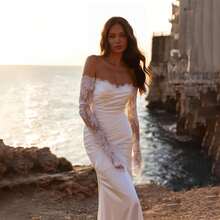 Elegant Sexy Off Shoulder Lace Long Sleeves Pleat Mermaid Satin Wedding Dress,Registry Office Dresses Bridal Gown,Evening Party Dress Birthday Party Dress Country Wedding,Romantic Church Ceremony Wedding Dress,Suitable For Wedding,Dating,Party,Singles' Party,Vacation,Formal Occasions,Dinner Dress,Prom Dress,Homecoming Dess,Cocktail Party,Wedding Guest Dress,Graduation - trắng - Xem 8